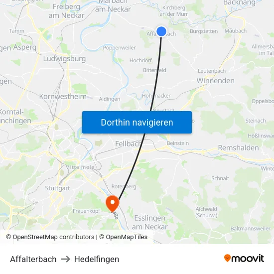 Affalterbach to Hedelfingen map