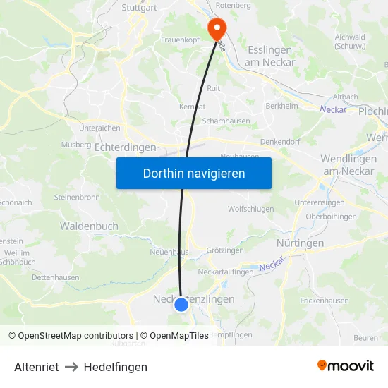Altenriet to Hedelfingen map
