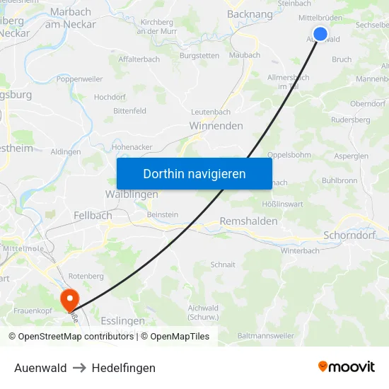 Auenwald to Hedelfingen map