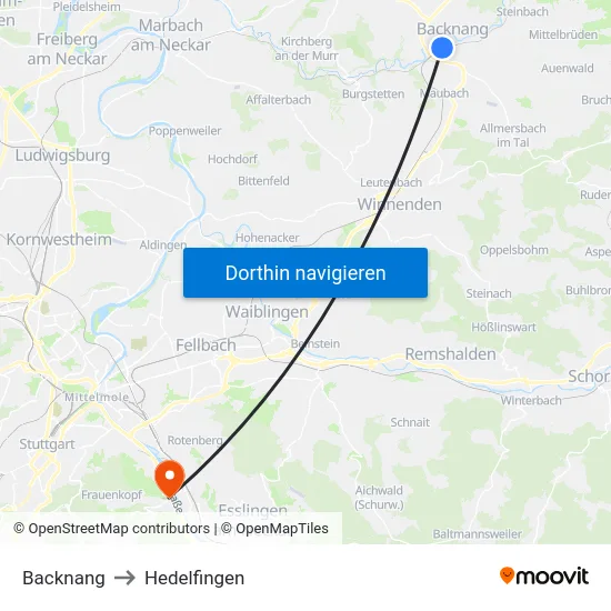 Backnang to Hedelfingen map