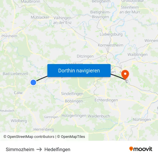 Simmozheim to Hedelfingen map