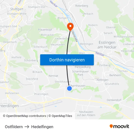 Ostfildern to Hedelfingen map