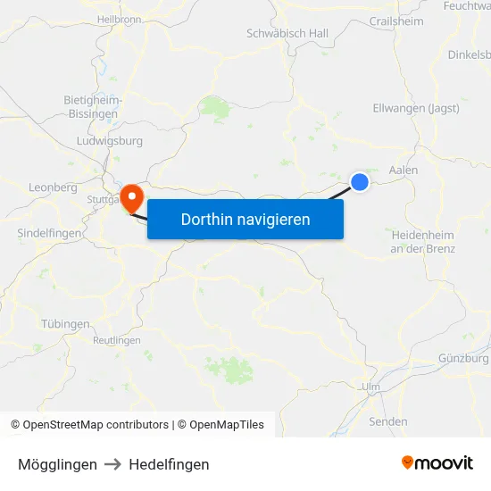 Mögglingen to Hedelfingen map