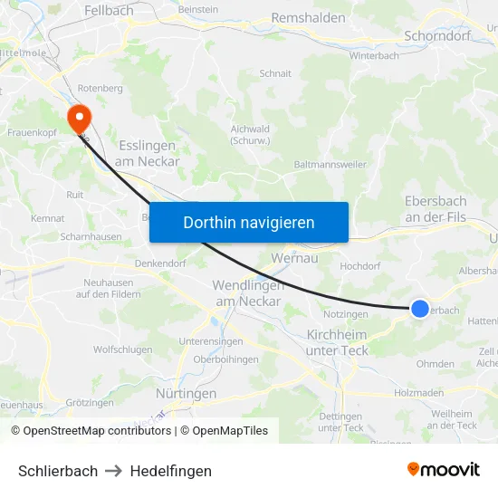 Schlierbach to Hedelfingen map