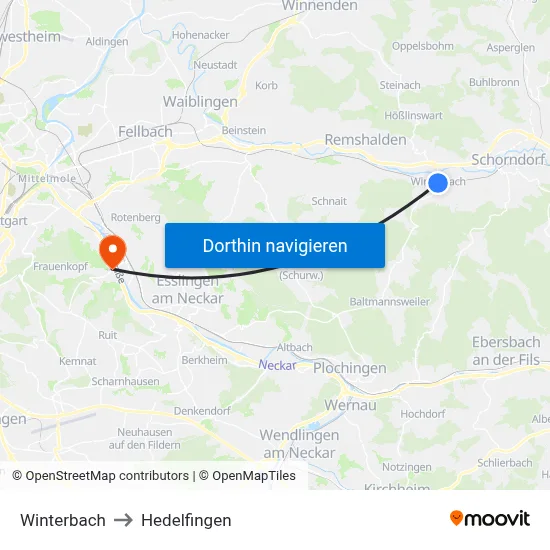 Winterbach to Hedelfingen map