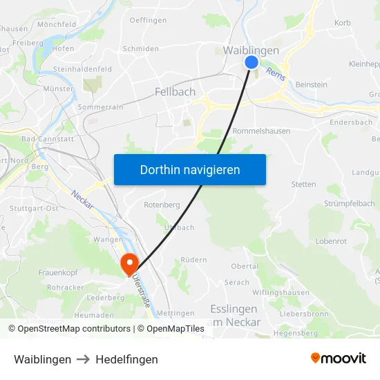 Waiblingen to Hedelfingen map