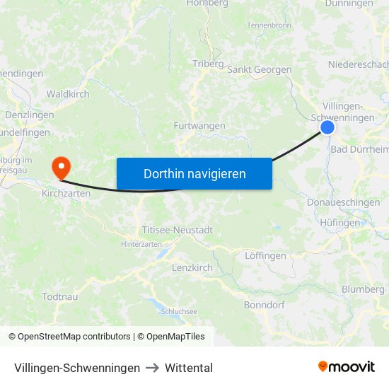 Villingen-Schwenningen to Wittental map