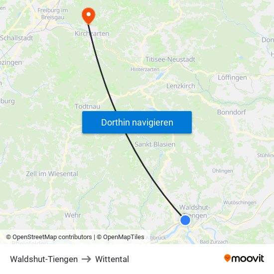 Waldshut-Tiengen to Wittental map