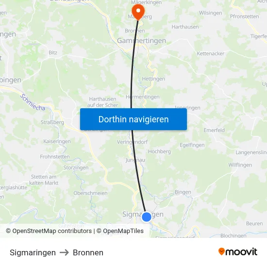 Sigmaringen to Bronnen map
