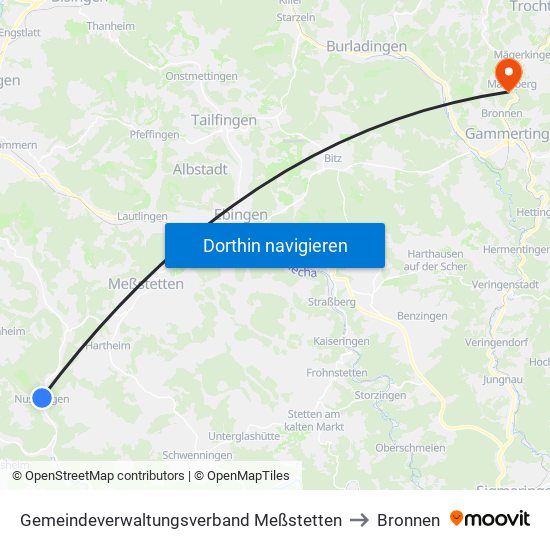 Gemeindeverwaltungsverband Meßstetten to Bronnen map
