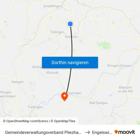 Gemeindeverwaltungsverband Pliezhausen to Engelswies map