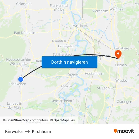 Kirrweiler to Kirchheim map