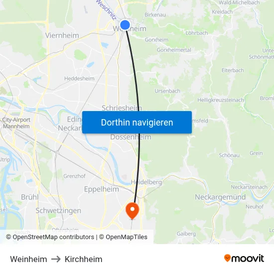 Weinheim to Kirchheim map
