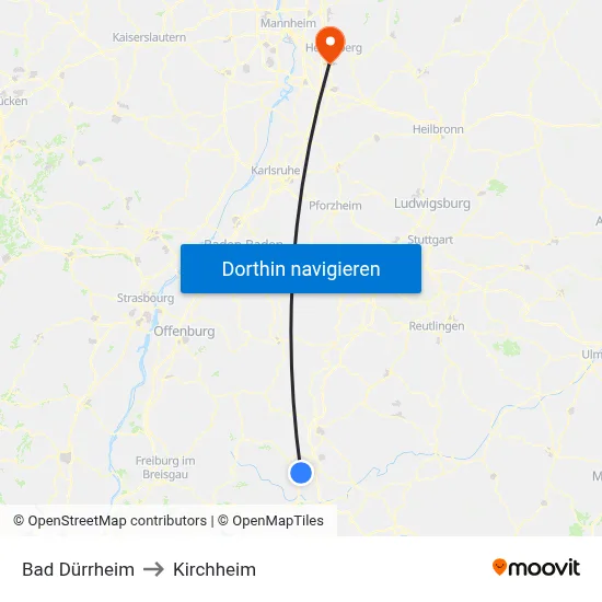 Bad Dürrheim to Kirchheim map