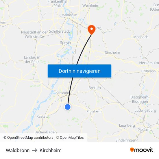Waldbronn to Kirchheim map