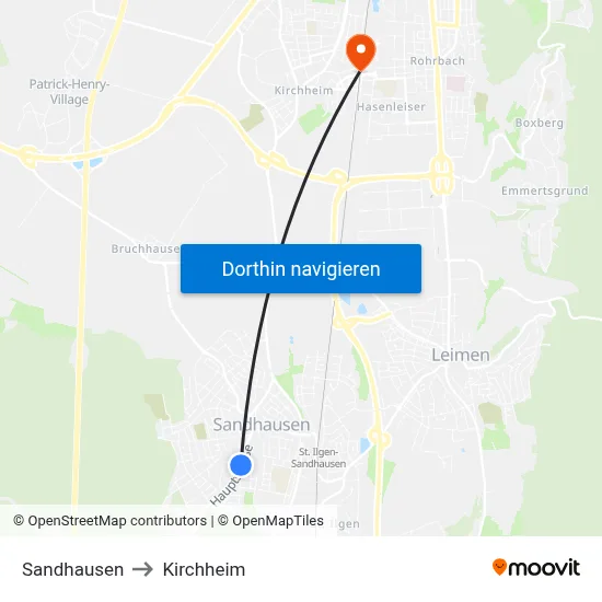 Sandhausen to Kirchheim map