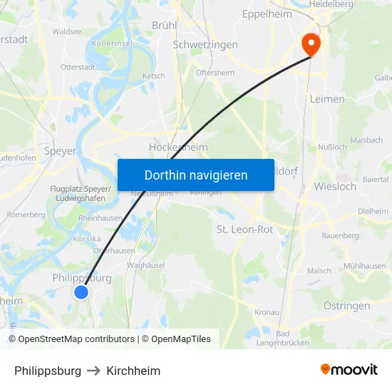 Philippsburg to Kirchheim map