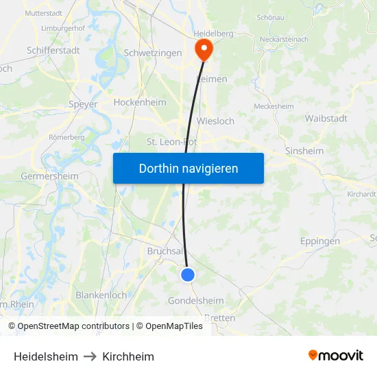 Heidelsheim to Kirchheim map