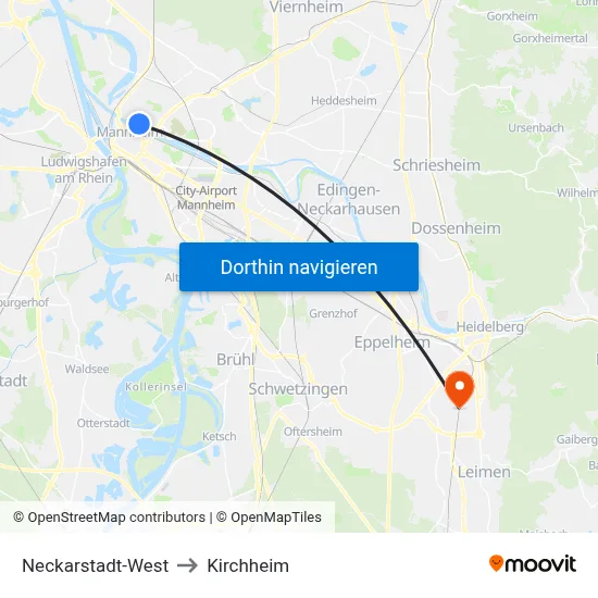 Neckarstadt-West to Kirchheim map