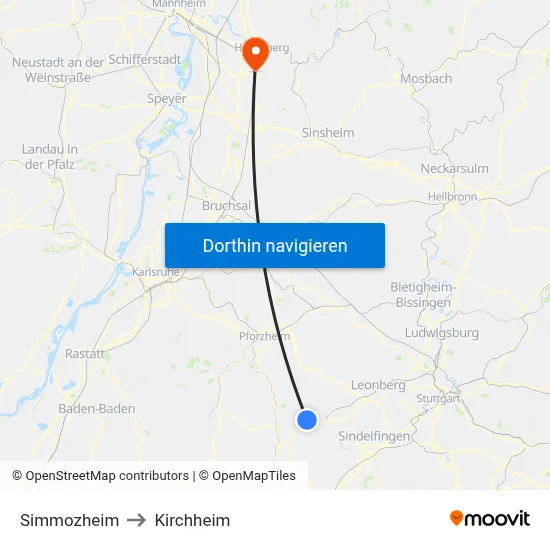 Simmozheim to Kirchheim map