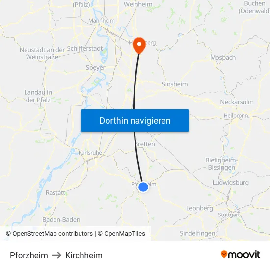 Pforzheim to Kirchheim map