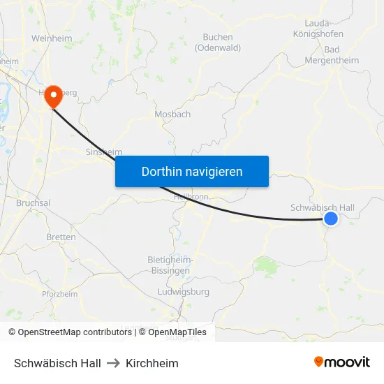 Schwäbisch Hall to Kirchheim map