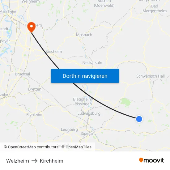 Welzheim to Kirchheim map