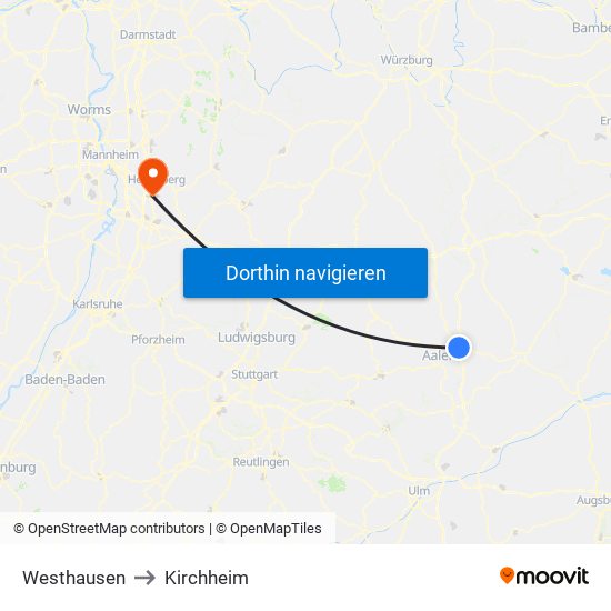 Westhausen to Kirchheim map