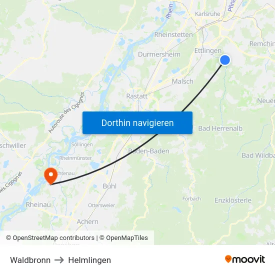 Waldbronn to Helmlingen map