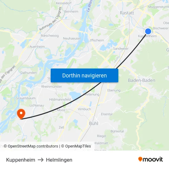 Kuppenheim to Helmlingen map