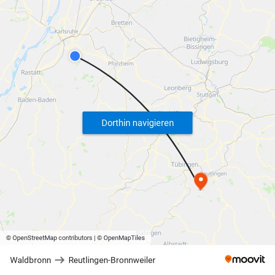 Waldbronn to Reutlingen-Bronnweiler map