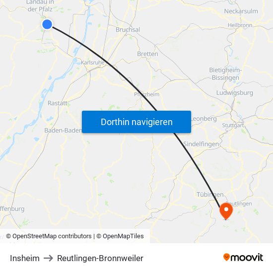 Insheim to Reutlingen-Bronnweiler map