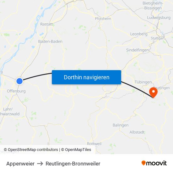 Appenweier to Reutlingen-Bronnweiler map