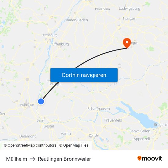 Müllheim to Reutlingen-Bronnweiler map