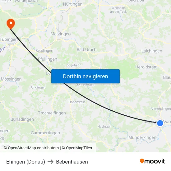 Ehingen (Donau) to Bebenhausen map