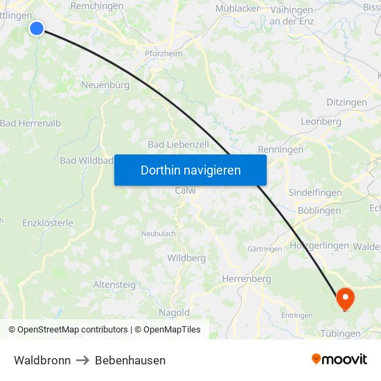 Waldbronn to Bebenhausen map