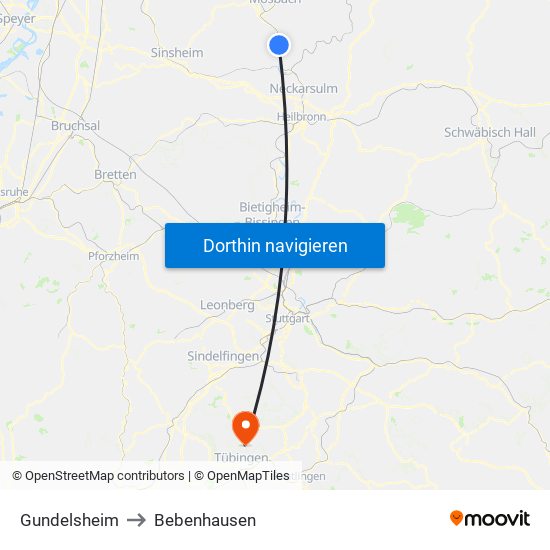 Gundelsheim to Bebenhausen map