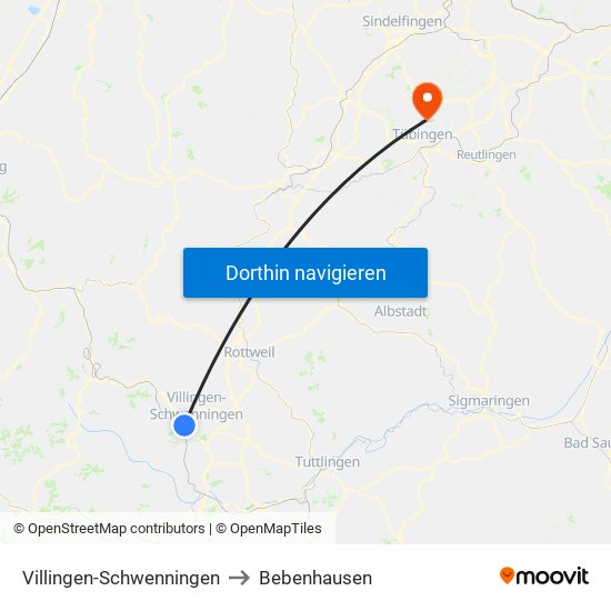 Villingen-Schwenningen to Bebenhausen map