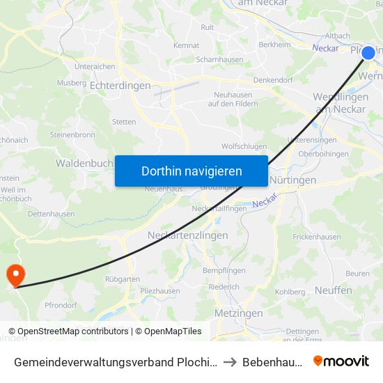 Gemeindeverwaltungsverband Plochingen to Bebenhausen map