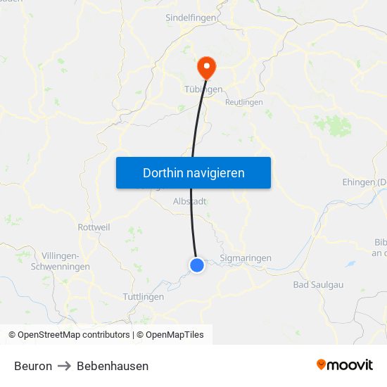 Beuron to Bebenhausen map
