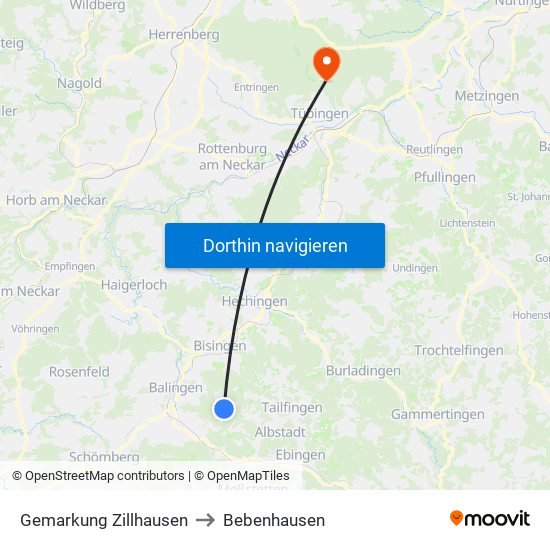 Gemarkung Zillhausen to Bebenhausen map