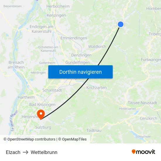 Elzach to Wettelbrunn map