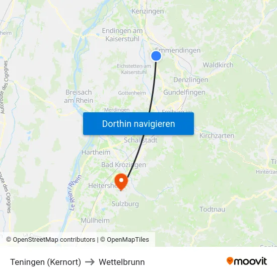 Teningen (Kernort) to Wettelbrunn map
