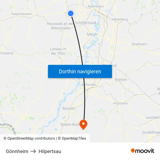 Gönnheim to Hilpertsau map