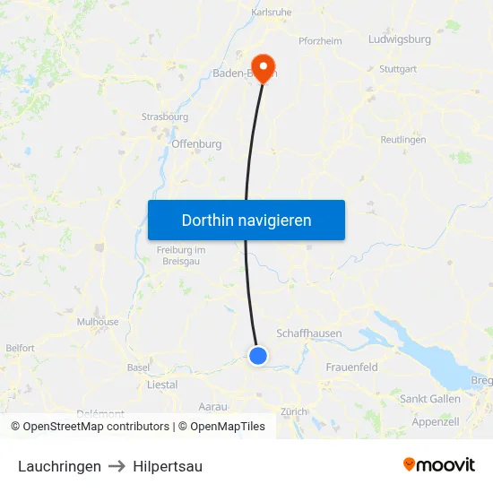 Lauchringen to Hilpertsau map