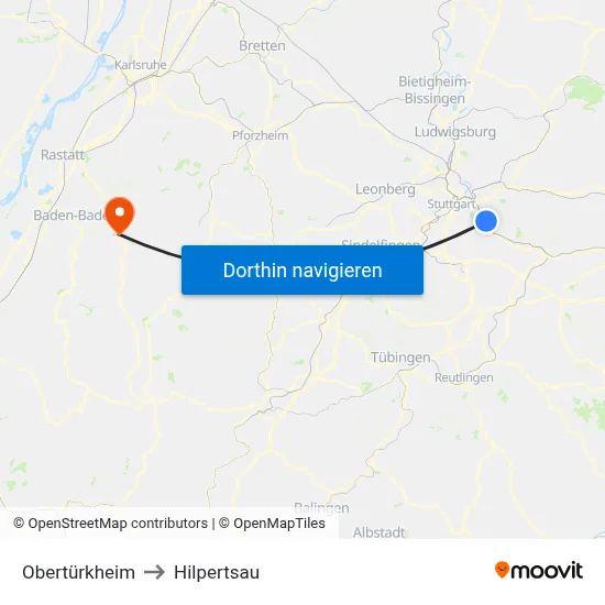 Obertürkheim to Hilpertsau map