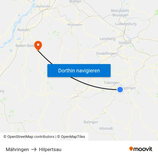 Mähringen to Hilpertsau map