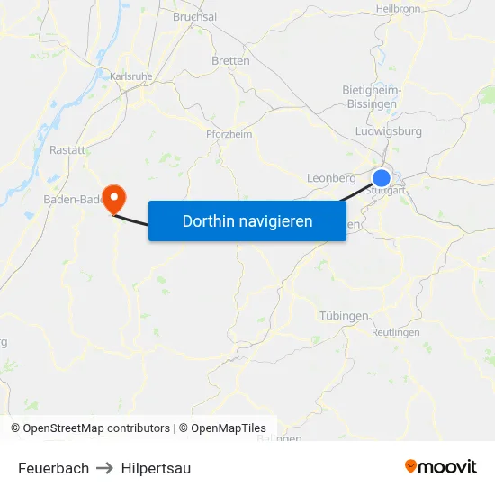 Feuerbach to Hilpertsau map