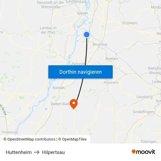Huttenheim to Hilpertsau map