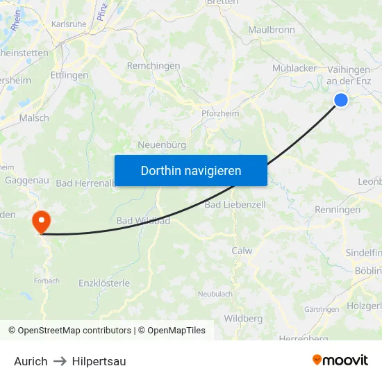 Aurich to Hilpertsau map